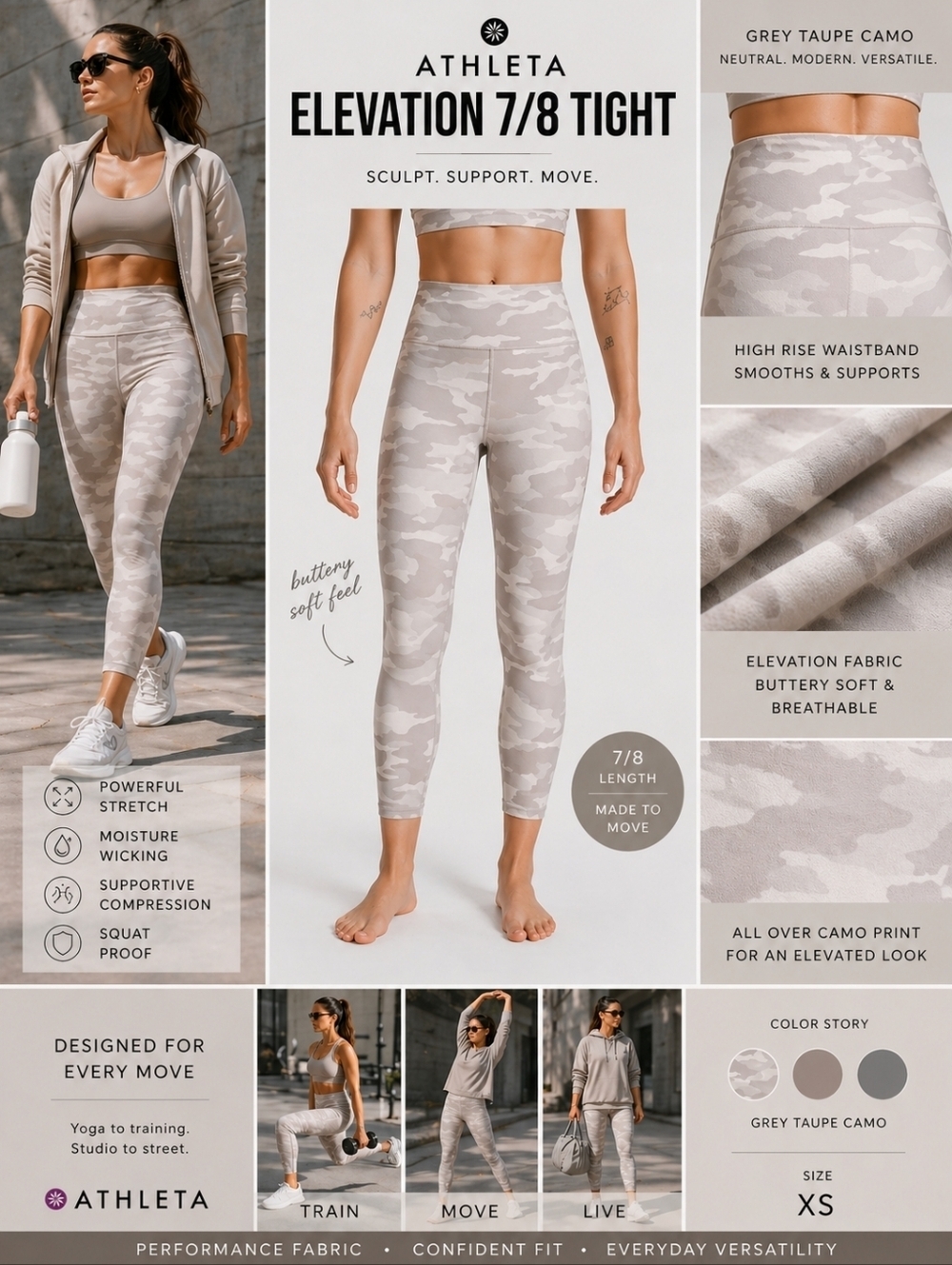 Athleta Elevation 7/8 Camo Tights Grey Taupe Camo XS